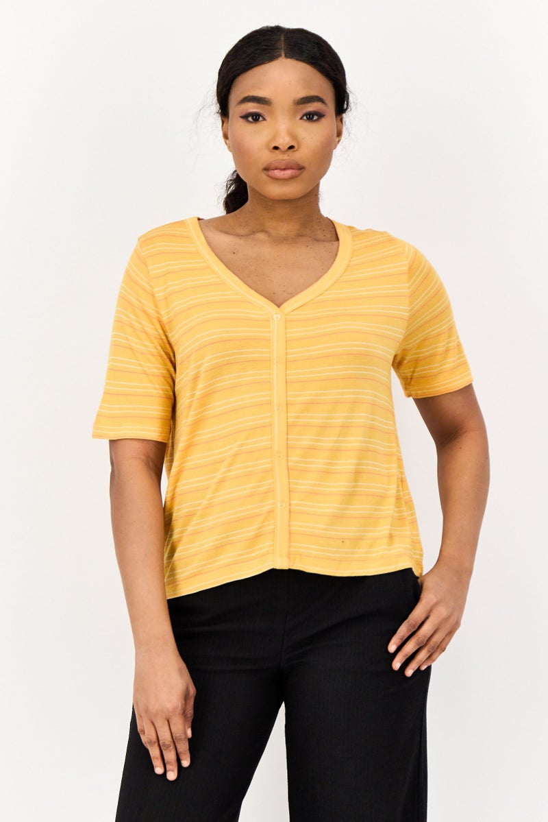 ONLY Women V Neck Short Sleeve Stripe T Shirt, Light Orange - Image 1