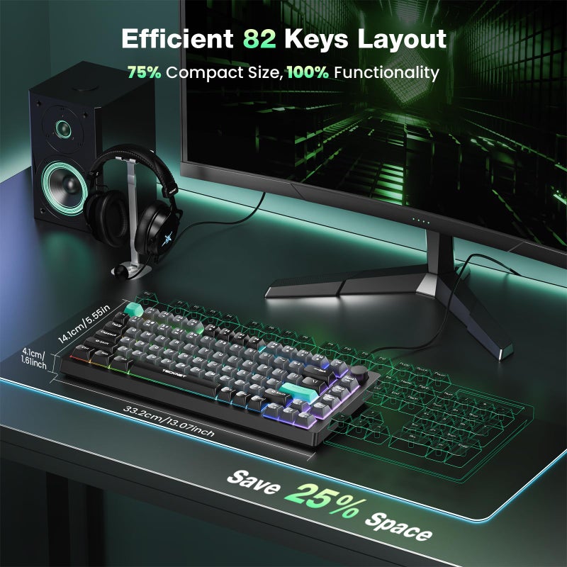 TECKNET Gaming Keyboard, 75% Wired Keyboard, RGB Backlit, 82-Keys with Volume Knob Control, 26 Keys Anti-ghosting, Whisper Quiet Gaming Switch Travel Friendly for Windows Laptop PC Mac-Grey - Image 2