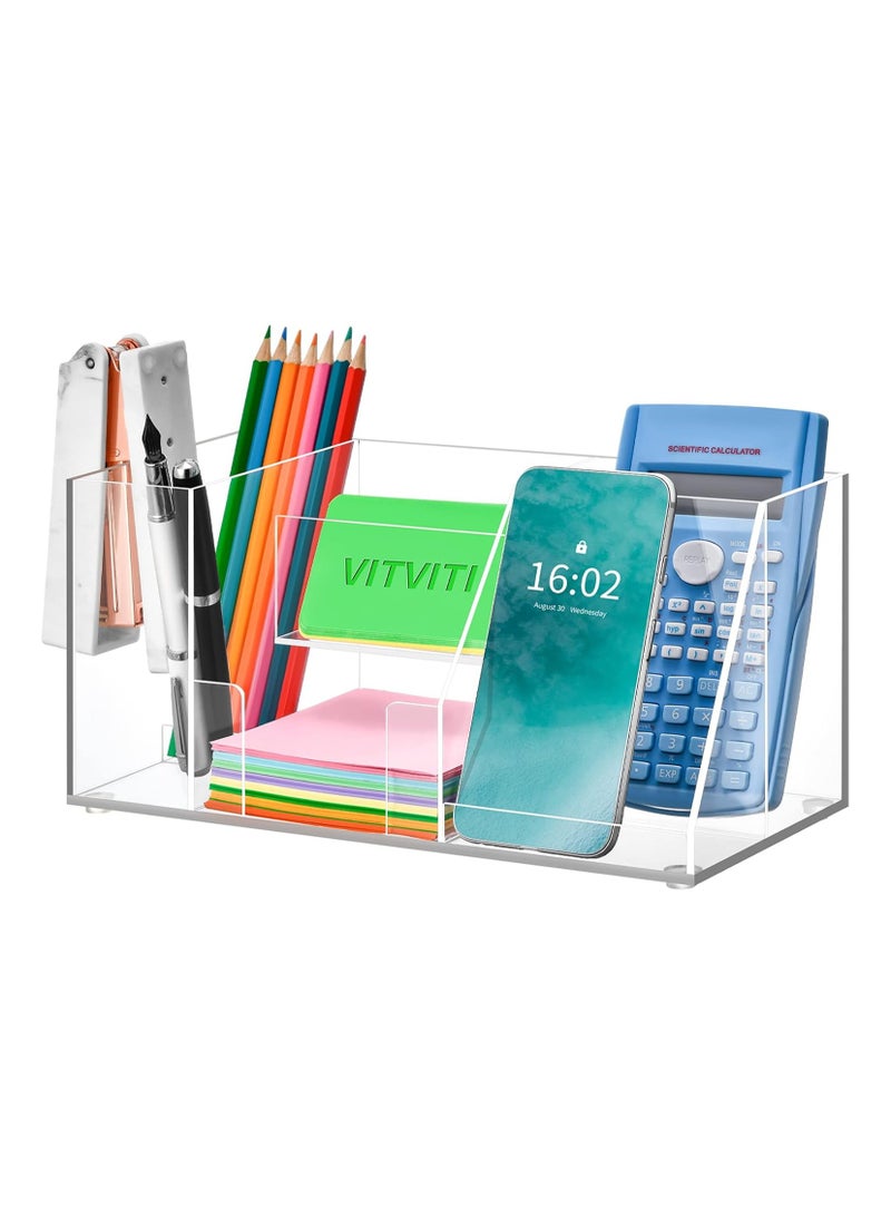 TPGP Acrylic Desk Organizer | Clear Pencil Holder for Desk | 5 Compartment Desktop Pen Holder with Sticky Notes Holder & Phone Stand | Ideal for Office Storage & School Supplies  - Image 1