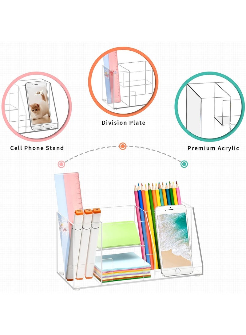 TPGP Acrylic Desk Organizer | Clear Pencil Holder for Desk | 5 Compartment Desktop Pen Holder with Sticky Notes Holder & Phone Stand | Ideal for Office Storage & School Supplies  - Image 3