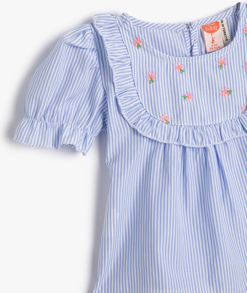 KOTON Blouse Ruffled Short Balloon Sleeves Round Neck Floral Embroidered
