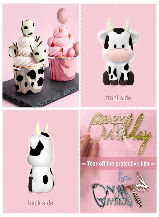 Zafena 14 Pcs Cow Cake Decorations Pearls Balls Cake Toppers with Gold Happy Birthday Acrylic Cake Topper for Farm Animal Theme Wedding Birthday Party Supplies (Pink) - Image 4