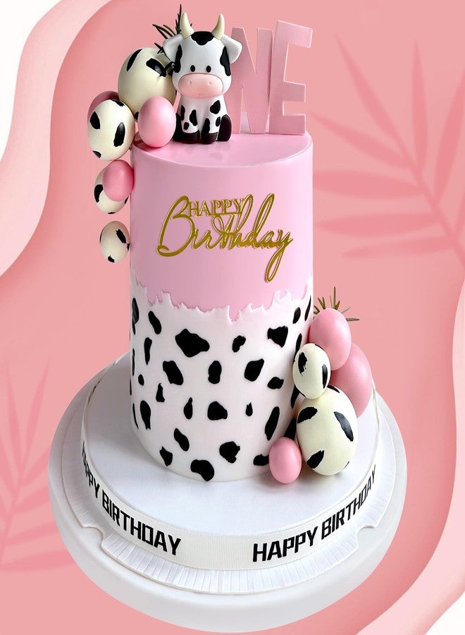 Zafena 14 Pcs Cow Cake Decorations Pearls Balls Cake Toppers with Gold Happy Birthday Acrylic Cake Topper for Farm Animal Theme Wedding Birthday Party Supplies (Pink) - Image 1
