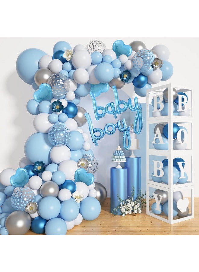 Amandir 137Pcs Baby Blue Balloons Baby Shower Decorations For Boy With Baby Boxes, White Blue Balloon Arch Kit Baby Boxes With Letter (A-Z+Baby+Boy) For Boy 1St Birthday Gender Reveal Party Supplies  - Image 1