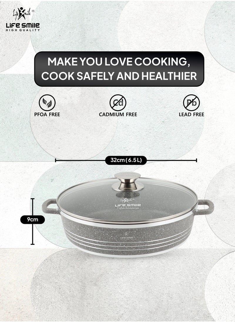 Life Smile 32cm (6.5 Liter)Shallow Pot with Lid | Non Stick PFOA FREE Granite Coating Frying Pan | Oven Safe | Dishwasher Safe | Double Handle  - Image 3