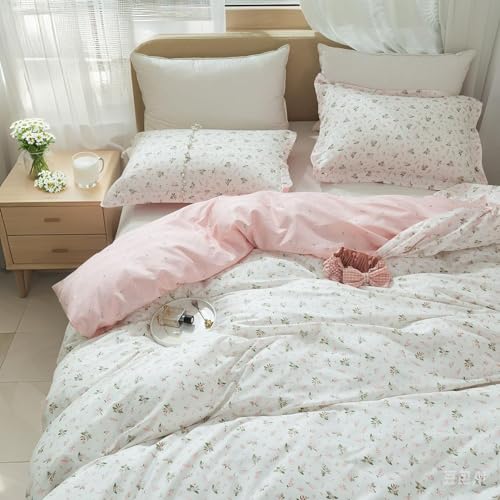 EAVD Vintage Floral Duvet Cover Full Size Cotton Girls Garden Pink Floral Bedding Sets Fulll Aesthetic Comforter Cover with Zipper Chic Fresh Botanical Duvet Cover with 2 Pillowcases
