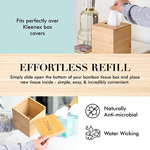 JUSK Design Tissue Box Holder - Modern, Minimalist, Durable Wooden Box with Sliding Bottom, Easy-Refill - Premium-Quality Bamboo Cover, Square - Image 3
