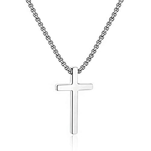 M MOOHAM Stainless Steel Cross Pendant Necklaces for Men Pendant Chain 22 Inch Silver, Confirmation Religious Christian Baptism Gifts for Men Teenage Jewelry - Image 1