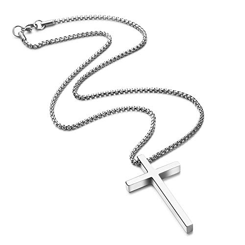 M MOOHAM Stainless Steel Cross Pendant Necklaces for Men Pendant Chain 22 Inch Silver, Confirmation Religious Christian Baptism Gifts for Men Teenage Jewelry - Image 3