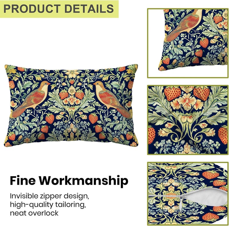 Identiy Vintage Birds and Flowers Throw Pillow Cover 12x20 Inch Pack of 1, Floral and Strawberries Decorative Pillow Case, Lumar Cushion Pillow Cover for Home Sofa Couch Indoor Outdoor - Image 3