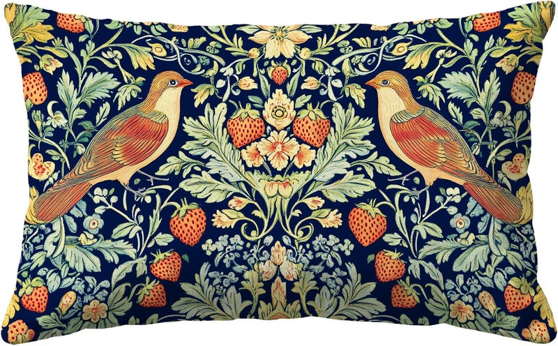 Identiy Vintage Birds and Flowers Throw Pillow Cover 12x20 Inch Pack of 1, Floral and Strawberries Decorative Pillow Case, Lumar Cushion Pillow Cover for Home Sofa Couch Indoor Outdoor - Image 1