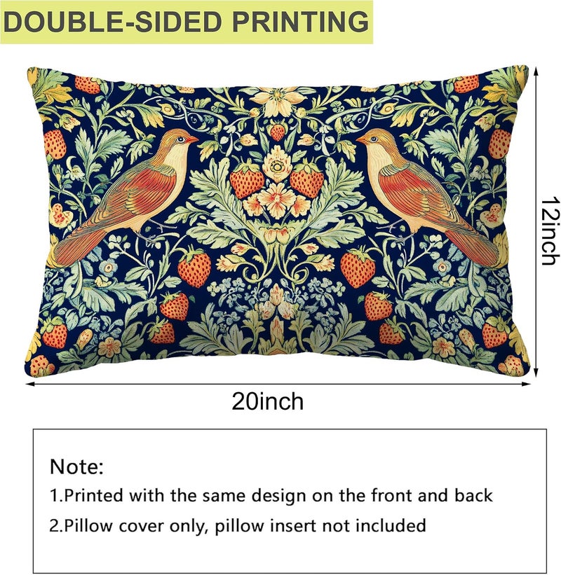 Identiy Vintage Birds and Flowers Throw Pillow Cover 12x20 Inch Pack of 1, Floral and Strawberries Decorative Pillow Case, Lumar Cushion Pillow Cover for Home Sofa Couch Indoor Outdoor - Image 2
