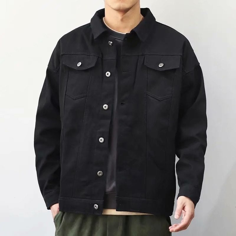 Spring and Autumn Solid Color Denim Jacket Mens Korean Style Loose Fashionable Brand Retro All-match Work Jacket Top for Students Black 