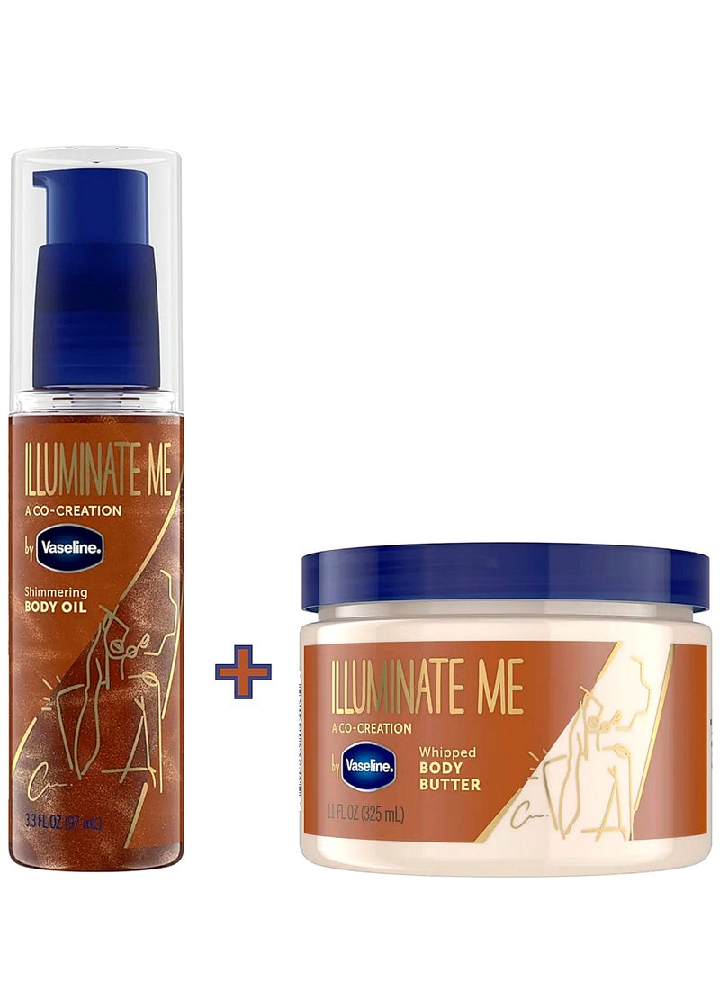 فازلين زبدة الجسم المخفوقة من فازلين 325 مل + زيت الجسم اللامع من فازلين إيلومينيت مي مصمم للبشرة الغنية بالميلانين، يضيء البشرة بلمسة نهائية من اللمعان للبشرة المتوهجة، 3.3 مل - Image 1