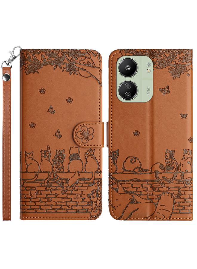 Case For Xiaomi Redmi 13C 4G/5G/13R 5G Cat Embossing Pattern Leather Phone Case with Lanyard