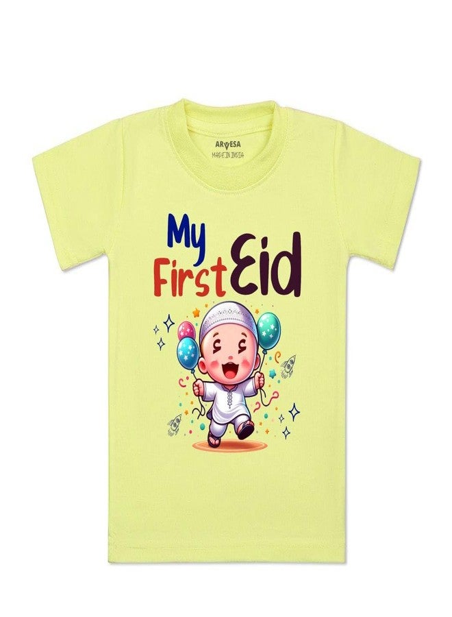 ARVESA My First Eid TS-1577 Eid Baby Tshirt for Kids Boys & Girls Half Sleeves Round Neck Clothes Tshirt for Kids Boys 1 Months to 6 Years Dress Yellow - Image 1