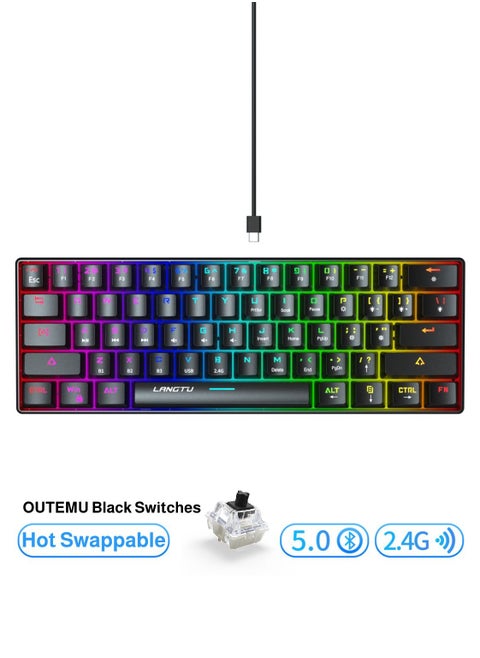 Tri-Mode Outemu Black Switches Hot-Swappable 61-Key Mechanical Keyboard Bluetooth 5.0 / Wireless 2.4G / USB Type-C Customizable Keyboard with RGB Backlight 3000mAh Lithium Battery Rechargeable, Black