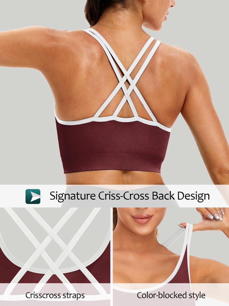 VEQKING Women's Sports Bra with Removable Pads Criss Cross Strappy Color Block Workout Top for Yoga Running - Image 2