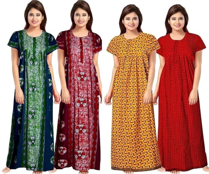 Vlazom Women's Cotton Nightgown – Pack of 4 Printed Maxi Nighties | Ankle Length Night Dress | Free Size Sleepwear (Option-9, Free Size) - Image 1