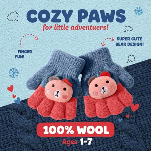 SOLDTRUE Baby Winter Gloves for 1-7 Years | Cute Teddy Bear Design Full Finger Knitted Hand Gloves | Warm, Windproof, Flexible, Gift for Kids (Blue) - Image 2