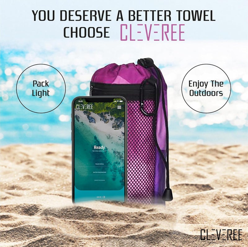 CLEVEREE Beach Towel and Gym Towel Pool Towel Swimming Towel for Men Women Microfiber towel Travel Towel fast-drying towel with carry bag Extra Large 150x90 cm and Gym Towel 50X25 (Purple) - Image 2