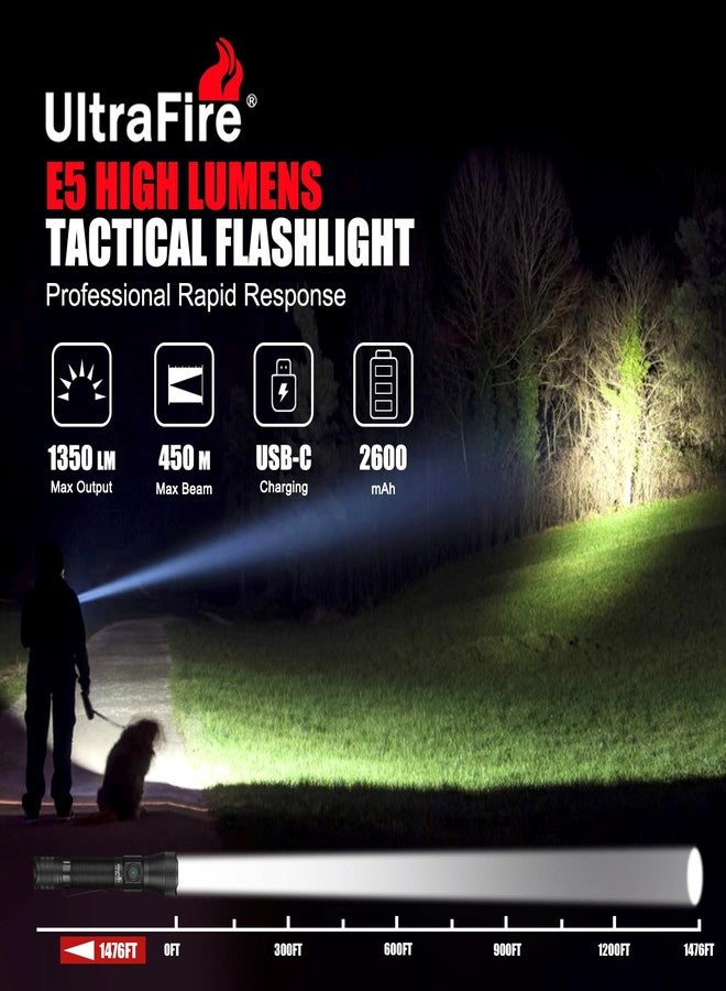 ULTRAFIRE Tactical EDC Flashlight with Holster,1350 High Lumens Rechargeable Police Flashlight with Belt Holder,Zoomable LED Flashlights for Emergency,Law Enforcement Torch E5 - Image 2