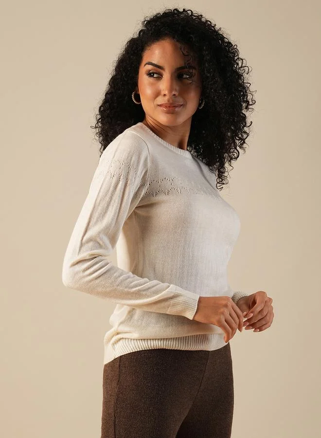 globus Women Off White Ribbed Sweater