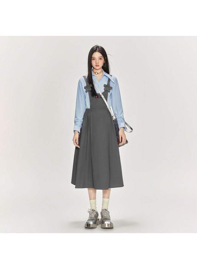 EPTISON College-Style Denim Pinafore Dress For Women, Midi Length With Elastic Waist For A Slimming Effect, Featuring 3D Floral Details And An A-Line Silhouette To Create A Youthful Look - Image 3