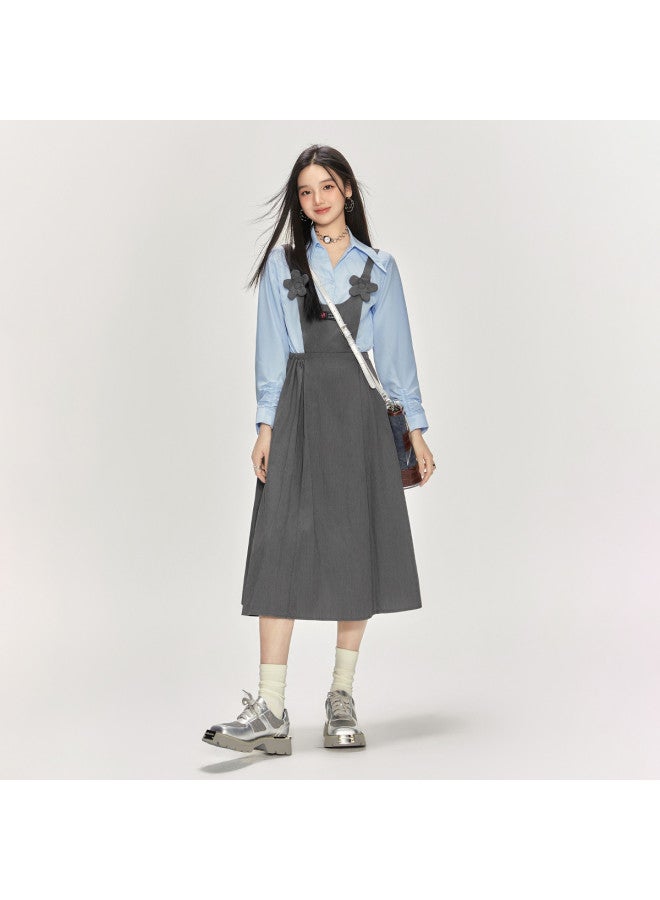 EPTISON College-Style Denim Pinafore Dress For Women, Midi Length With Elastic Waist For A Slimming Effect, Featuring 3D Floral Details And An A-Line Silhouette To Create A Youthful Look - Image 5