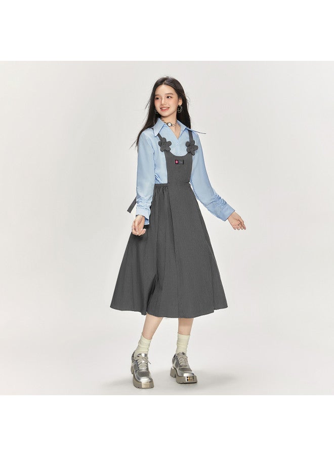 EPTISON College-Style Denim Pinafore Dress For Women, Midi Length With Elastic Waist For A Slimming Effect, Featuring 3D Floral Details And An A-Line Silhouette To Create A Youthful Look - Image 4