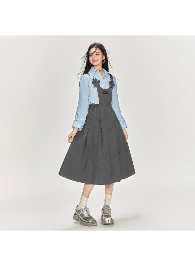 EPTISON College-Style Denim Pinafore Dress For Women, Midi Length With Elastic Waist For A Slimming Effect, Featuring 3D Floral Details And An A-Line Silhouette To Create A Youthful Look - Image 2