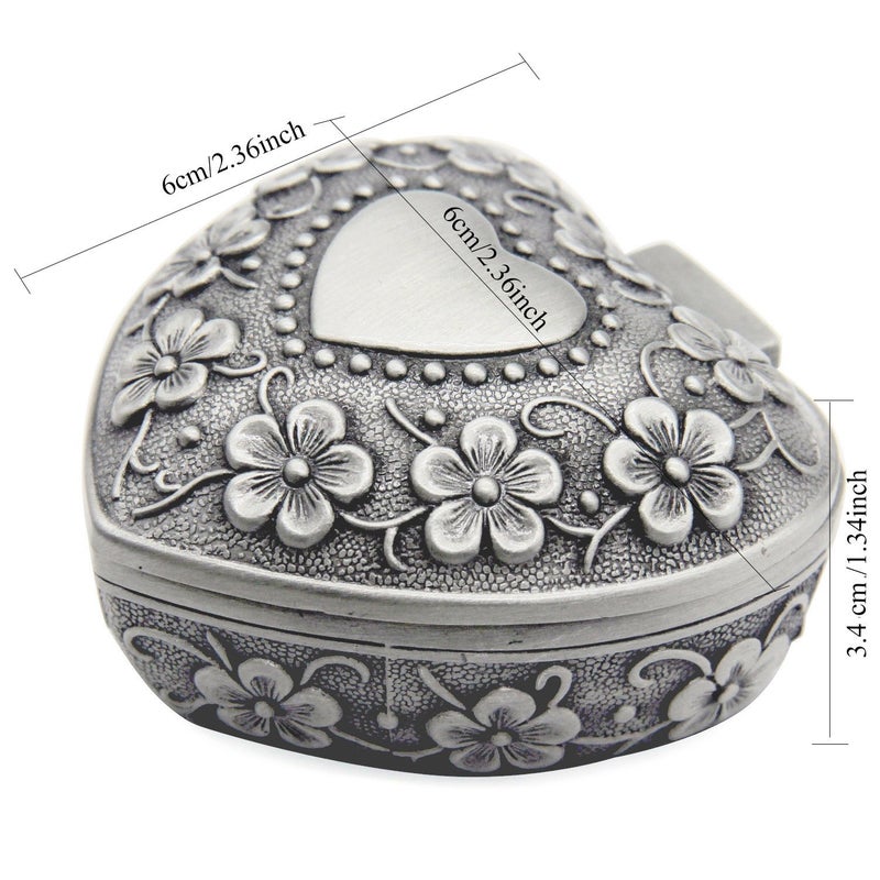 AVESON Classic Vintage Antique Heart Shape Jewelry Box Ring Small Trinket Storage Organizer Chest Christmas Gift, Silver - Image 3