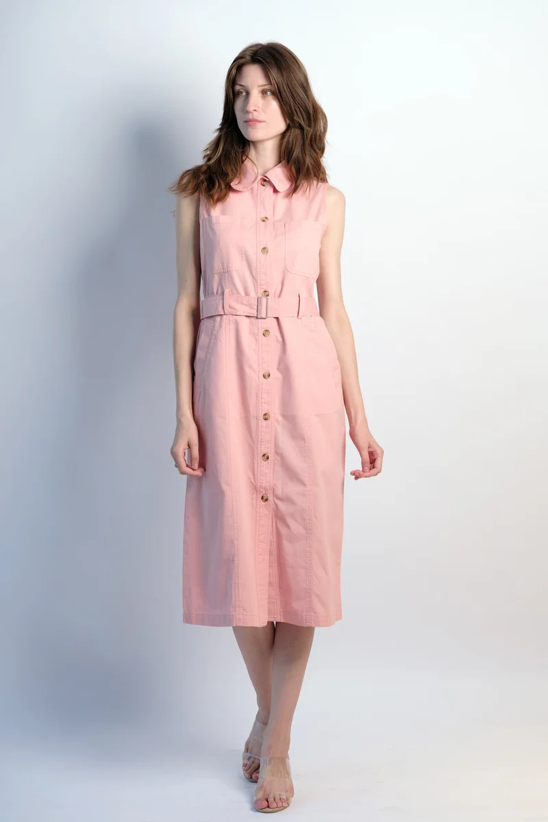 Solid Cotton Front Open Twill Dress With Belt for Women