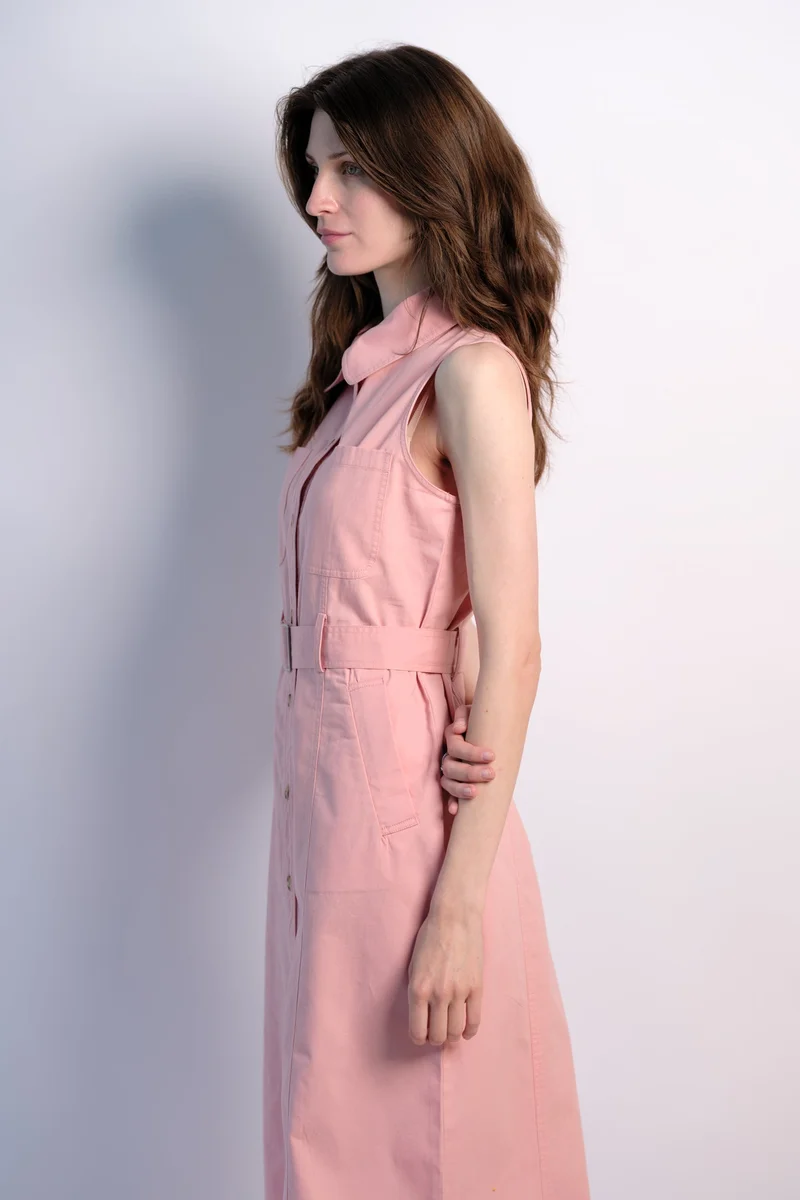 Virgio light pink Solid Cotton Front Open Twill Dress With Belt for Women for Women | Best Price UAE