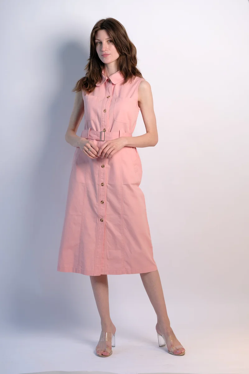 Virgio light pink Solid Cotton Front Open Twill Dress With Belt for Women for Women | Best Price UAE