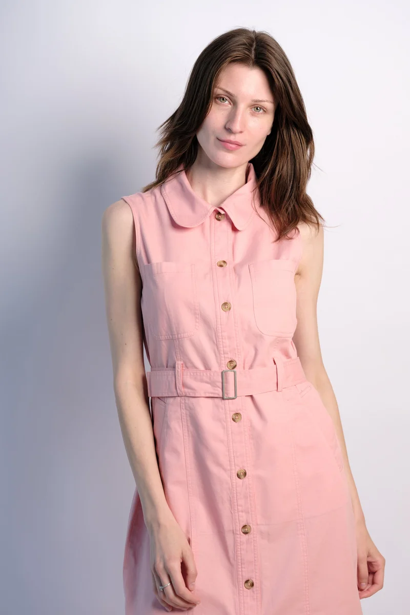 Virgio Solid Cotton Front Open Twill Dress With Belt for Women