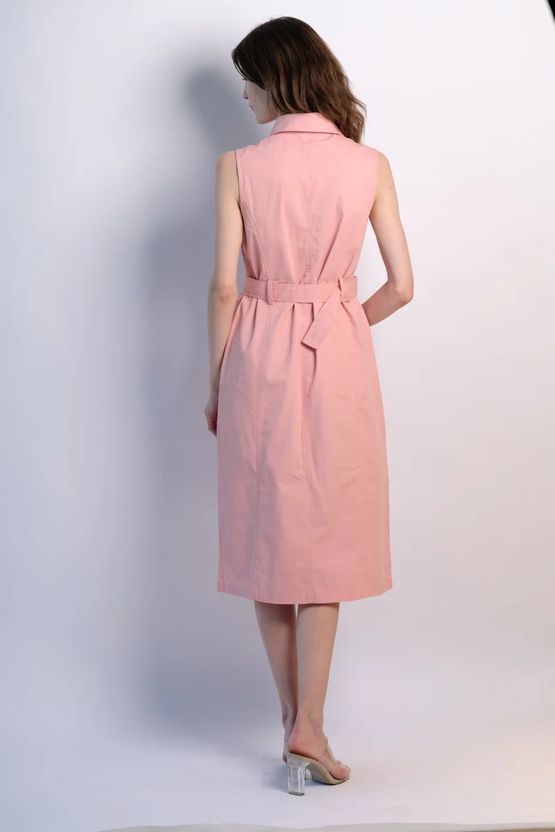 Virgio light pink Solid Cotton Front Open Twill Dress With Belt for Women for Women | Best Price UAE
