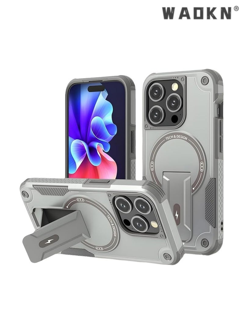 iPhone 16 Pro Max Case with Stand, MagSafe Compatible, Magnetic Kickstand, Shockproof and Drop-Proof Cover, Gray - Premium Heavy Duty Armor for iPhone 16 Pro Max