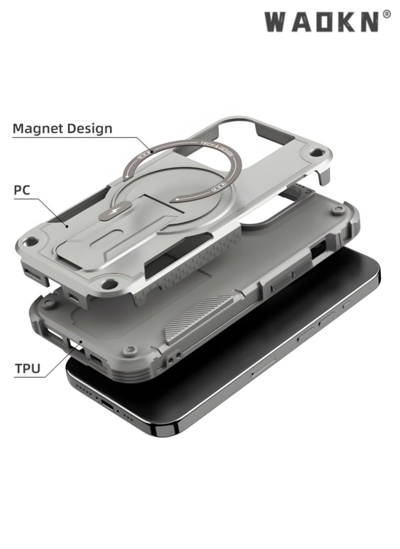 iPhone 16 Pro Max Case with Stand, MagSafe Compatible, Magnetic Kickstand, Shockproof and Drop-Proof Cover, Gray - Premium Heavy Duty Armor for iPhone 16 Pro Max