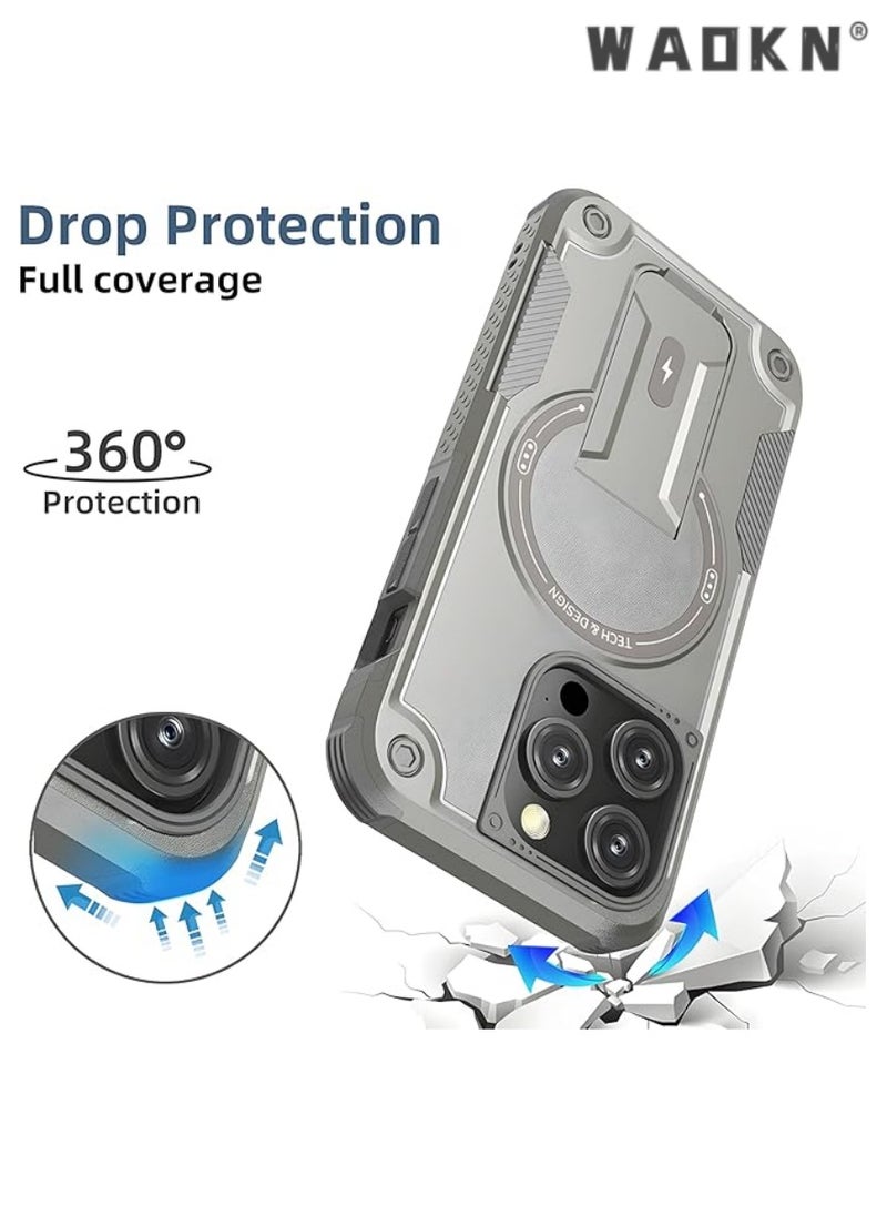 iPhone 16 Pro Max Case with Stand, MagSafe Compatible, Magnetic Kickstand, Shockproof and Drop-Proof Cover, Gray - Premium Heavy Duty Armor for iPhone 16 Pro Max