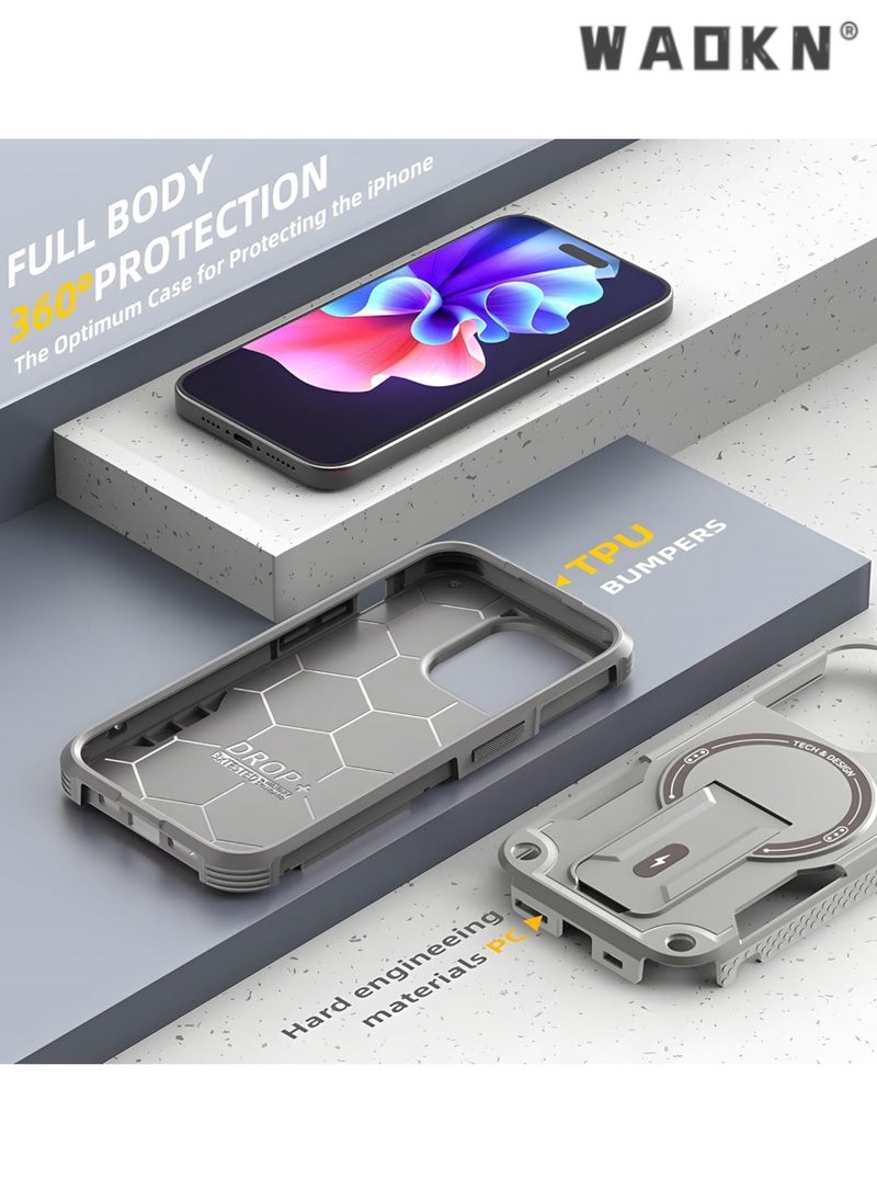 iPhone 16 Pro Max Case with Stand, MagSafe Compatible, Magnetic Kickstand, Shockproof and Drop-Proof Cover, Gray - Premium Heavy Duty Armor for iPhone 16 Pro Max