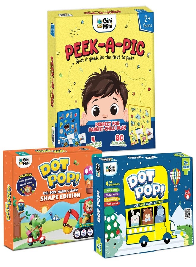 GiniMini Toddler Learning Combo - DOT POP Colour & Counting + DOT POP Shapes + Peek-A-Pic | Educational Toys for Kids 2+ | Sorting Matching Memory & Observation Games | Preschool Learning Activity Kit - Image 1