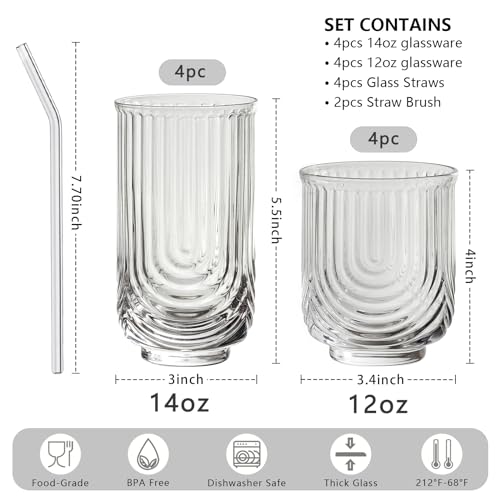 INSETLAN Water Drinking Glasses Set of 8-4 Highball Glasses 14 oz, 4 Rocks Glass Cups 12 oz, Arch Design Cocktail Glasses, Vintage Glassware, With Glass Straw, for Beverages Ice Coffee Juice Water - Image 2