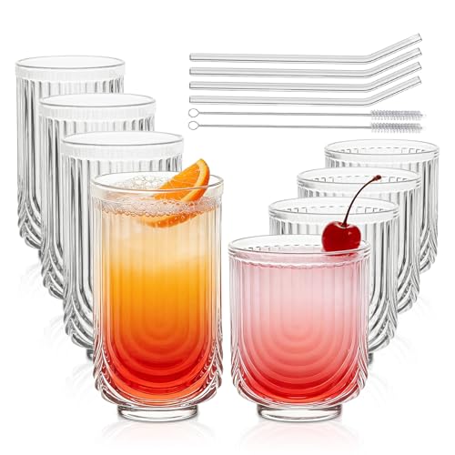 INSETLAN Water Drinking Glasses Set of 8-4 Highball Glasses 14 oz, 4 Rocks Glass Cups 12 oz, Arch Design Cocktail Glasses, Vintage Glassware, With Glass Straw, for Beverages Ice Coffee Juice Water - Image 1