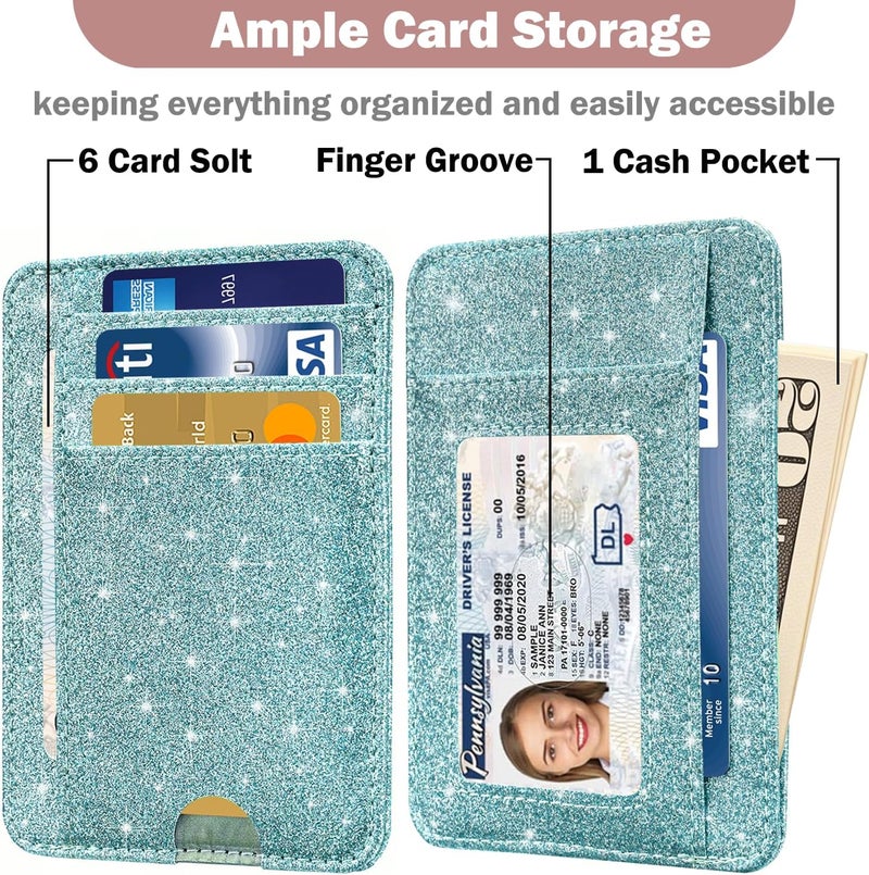 Hot Cool Card Holder Wallet Front Pocket Minimalist Travel Cute Funny Thin Leather With RFID Blocking Small Credit Card Holder Wallet for Men & Women Girls Organizer Gifts, Glitter Blue - Image 3