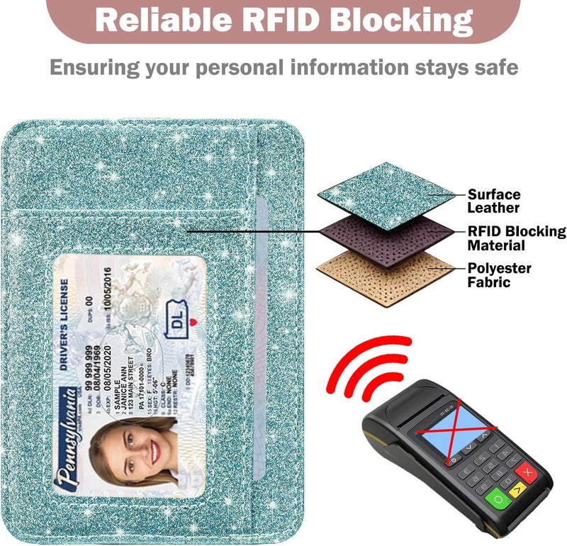 Hot Cool Card Holder Wallet Front Pocket Minimalist Travel Cute Funny Thin Leather With RFID Blocking Small Credit Card Holder Wallet for Men & Women Girls Organizer Gifts, Glitter Blue - Image 5