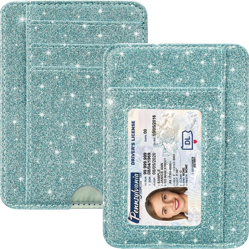 Hot Cool Card Holder Wallet Front Pocket Minimalist Travel Cute Funny Thin Leather With RFID Blocking Small Credit Card Holder Wallet for Men & Women Girls Organizer Gifts, Glitter Blue - Image 1