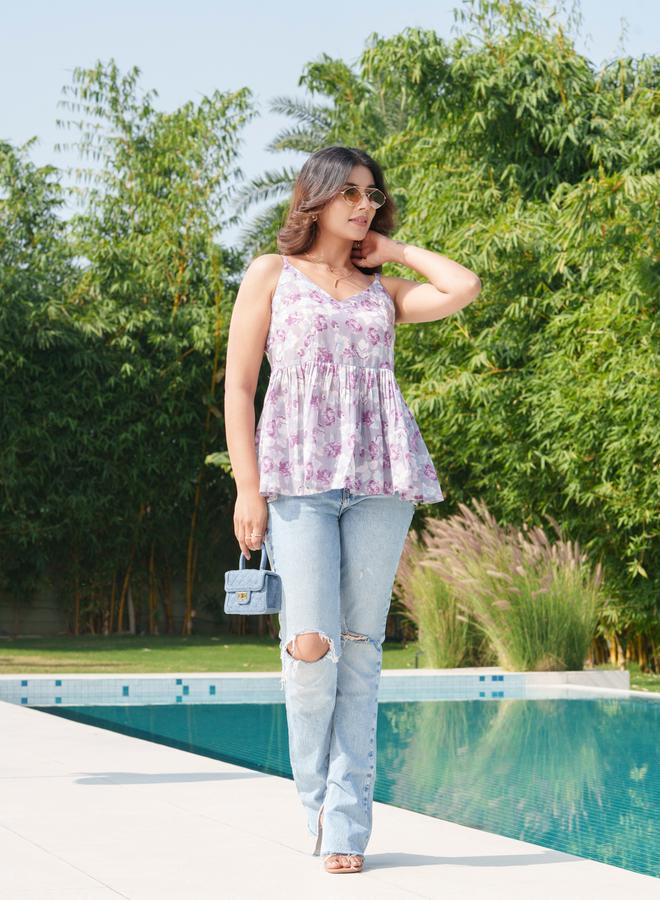 DW Floral Printed Pure Cotton Strappy Peplum Top - Image 5