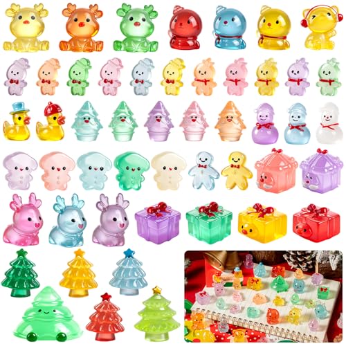 LHSYFBZ 50Pcs Mini Christmas Luminous Figurines Glow in The Dark Christmas Resin Miniatures Xmas Tree Santa Claus Snowman Reindeer Duck Design for Party Favors Bag Fillers Garden Dollhouse Decor - Image 1
