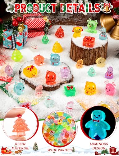LHSYFBZ 50Pcs Mini Christmas Luminous Figurines Glow in The Dark Christmas Resin Miniatures Xmas Tree Santa Claus Snowman Reindeer Duck Design for Party Favors Bag Fillers Garden Dollhouse Decor - Image 5